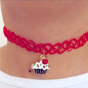 NWT Cupcake Charm Red Girls Choker Necklace Jewelry Stretches to Fit New